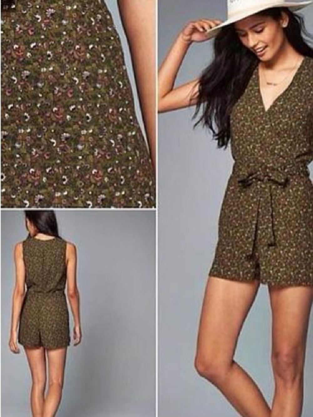 Abercrombie & Fitch Olive Green Floral Sleeveless V‑Neck Romper